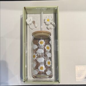 Cute Daisy and Cloud Glass Tumbler with Straw and straw ornaments- New
